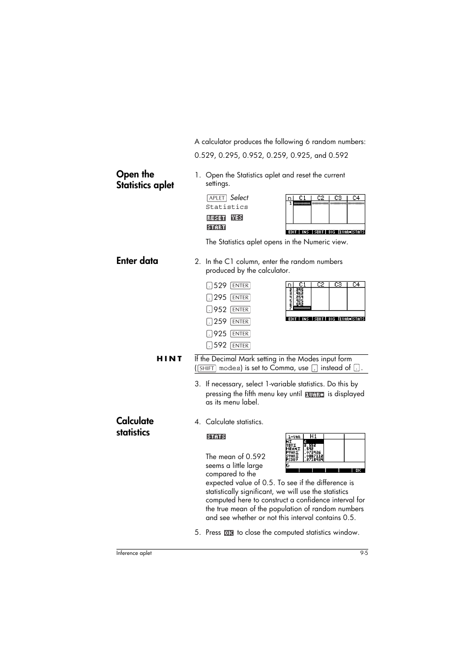 Open the statistics aplet, Enter data, Hint | Calculate statistics | HP 39g+ User Manual | Page 121 / 294