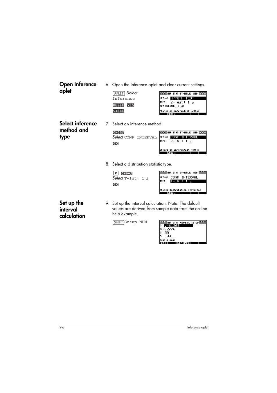 Open inference aplet, Select inference method and type, Set up the interval calculation | HP 39g+ User Manual | Page 122 / 294