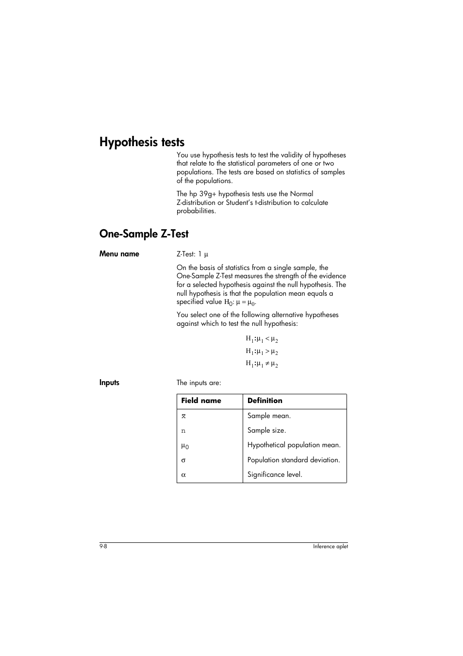 Hypothesis tests, One-sample z-test, Menu name | Inputs, Field name, Definition | HP 39g+ User Manual | Page 124 / 294