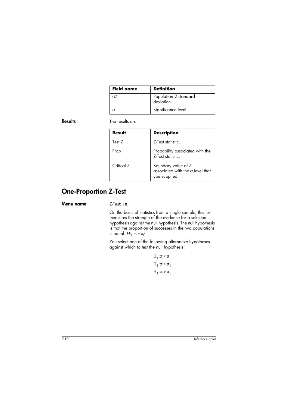 Results, Result, Description | One-proportion z-test, Menu name | HP 39g+ User Manual | Page 126 / 294