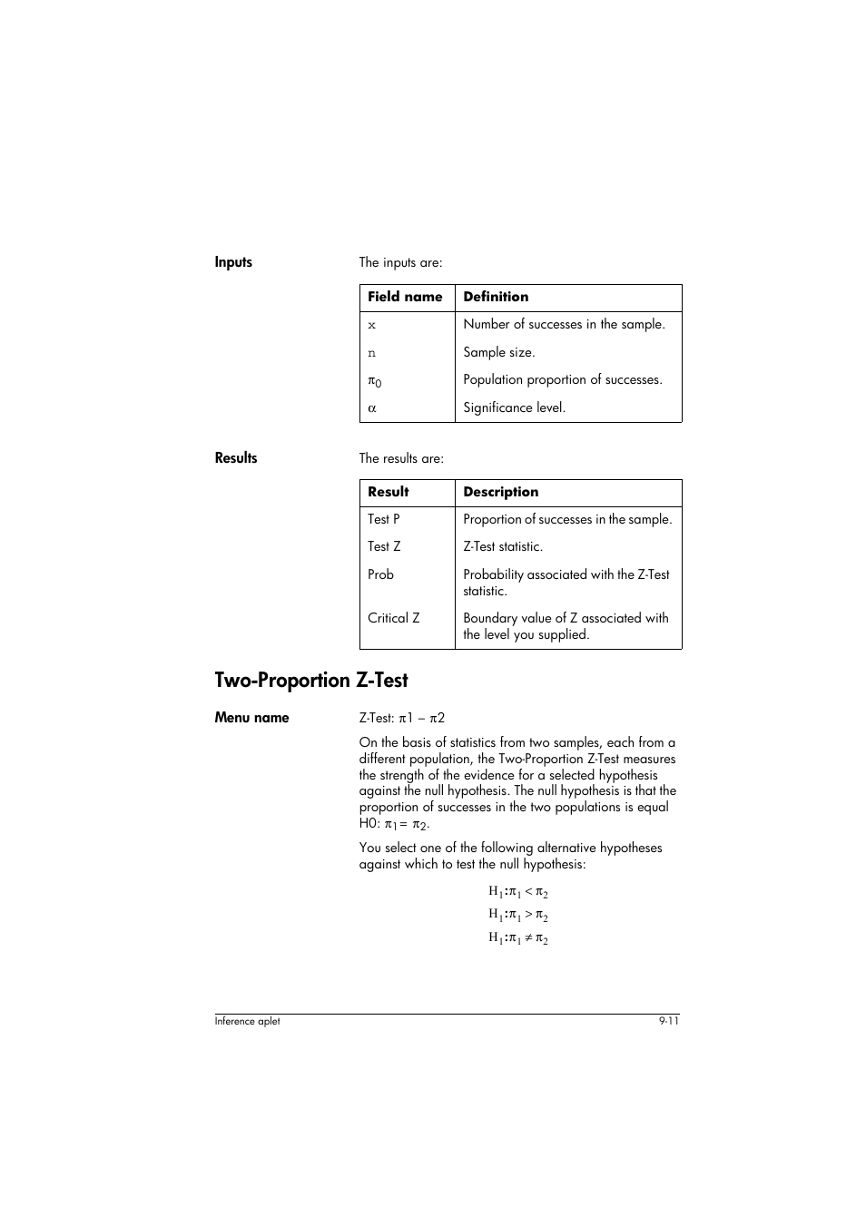 Inputs, Field name, Definition | Results, Result, Description, Two-proportion z-test, Menu name | HP 39g+ User Manual | Page 127 / 294