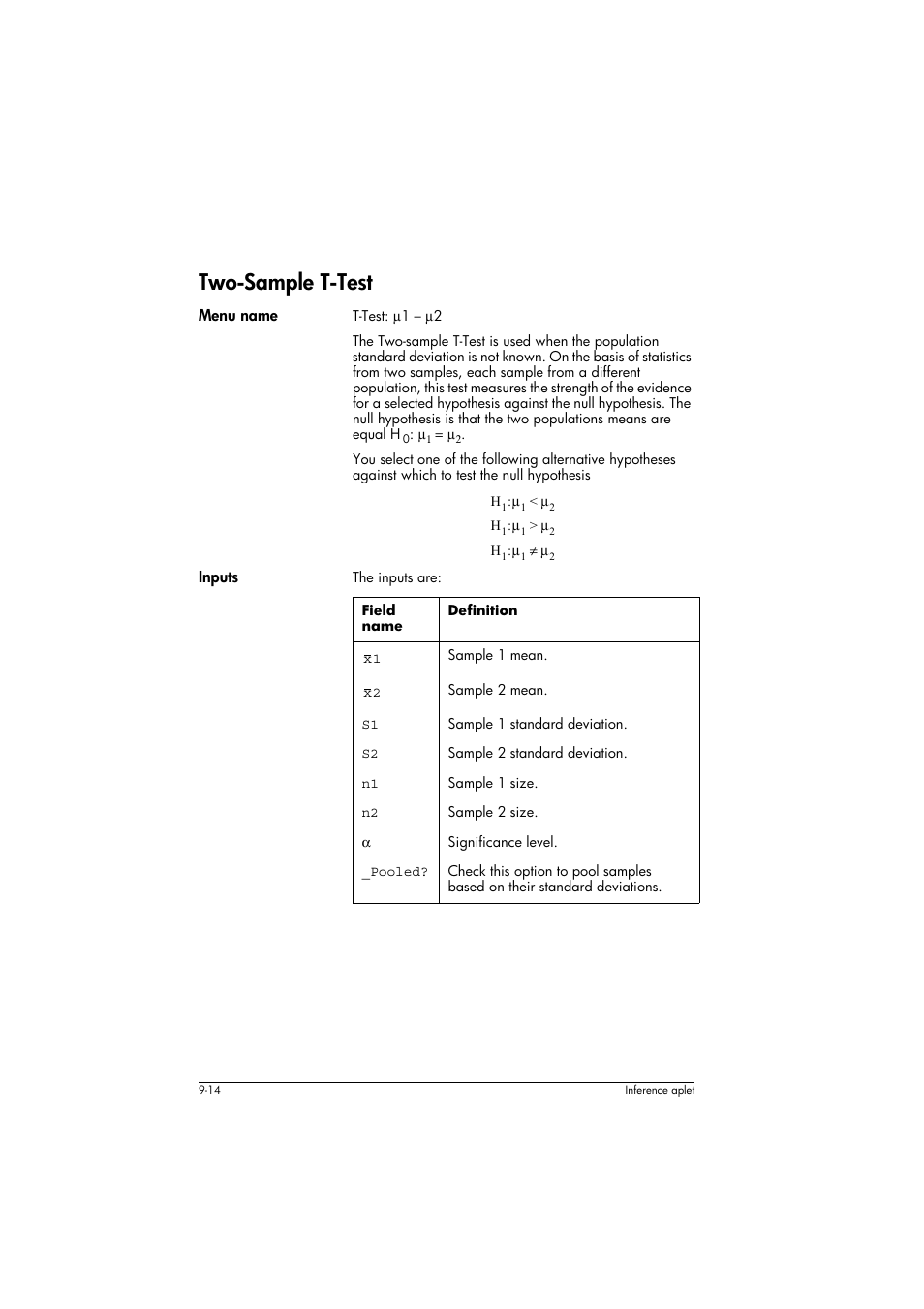 Two-sample t-test, Menu name, Inputs | Field name, Definition | HP 39g+ User Manual | Page 130 / 294