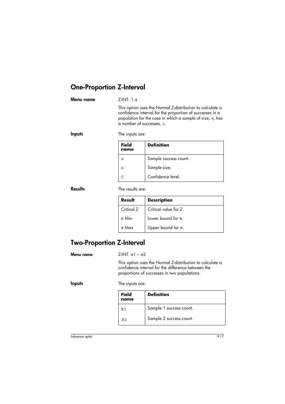 One-proportion z-interval, Menu name, Inputs | Field name, Definition, Results, Result, Description, Two-proportion z-interval | HP 39g+ User Manual | Page 133 / 294