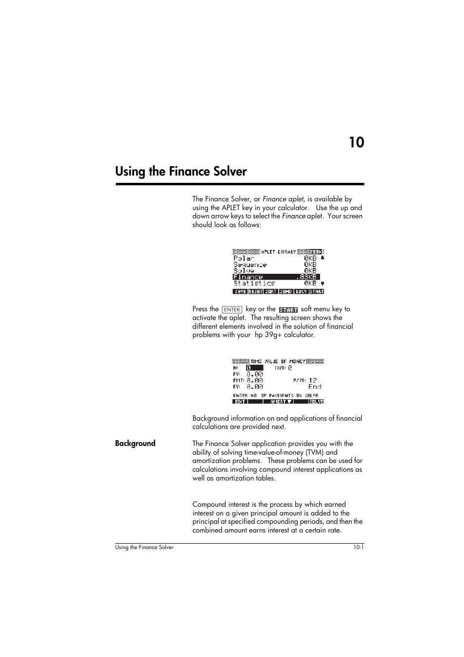 Background, Using the finance solver | HP 39g+ User Manual | Page 137 / 294