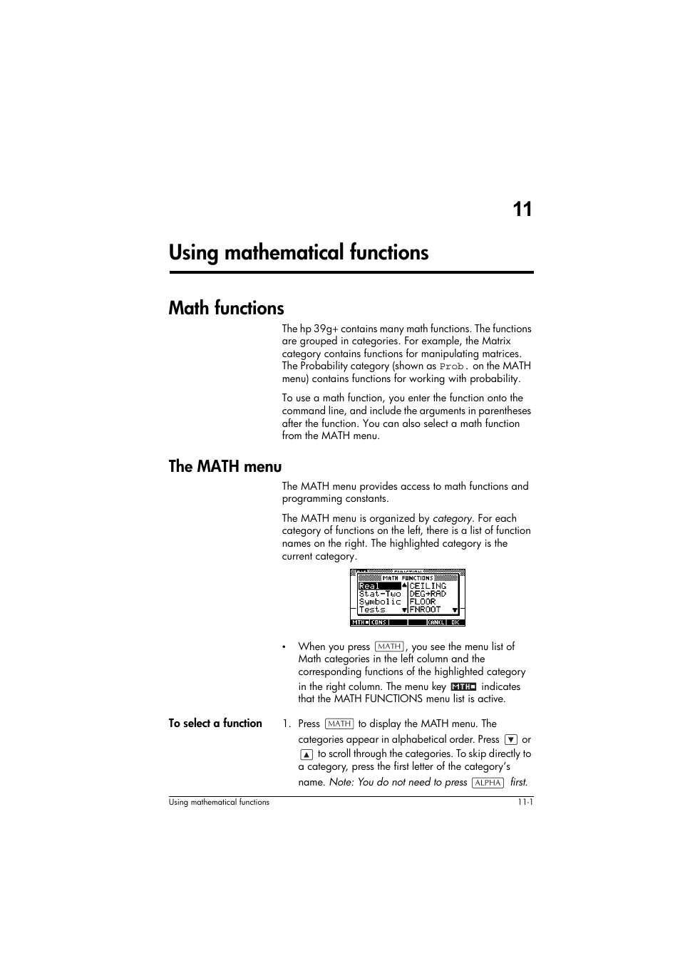 Math functions, The math menu, To select a function | 11 using mathematical functions | HP 39g+ User Manual | Page 145 / 294