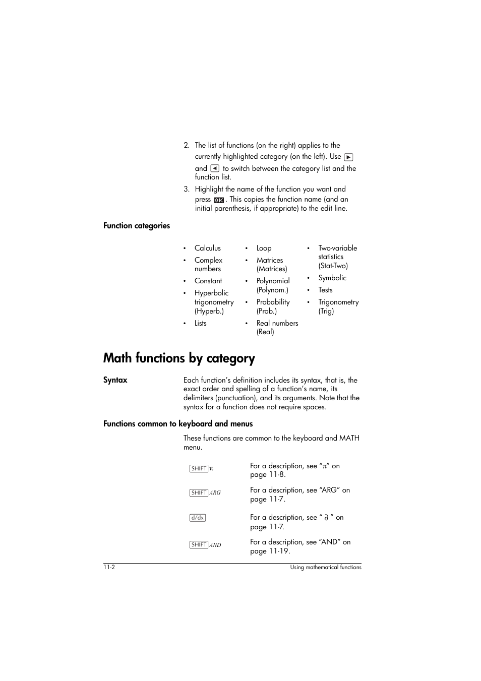 Function categories, Math functions by category, Syntax | Functions common to keyboard and menus | HP 39g+ User Manual | Page 146 / 294