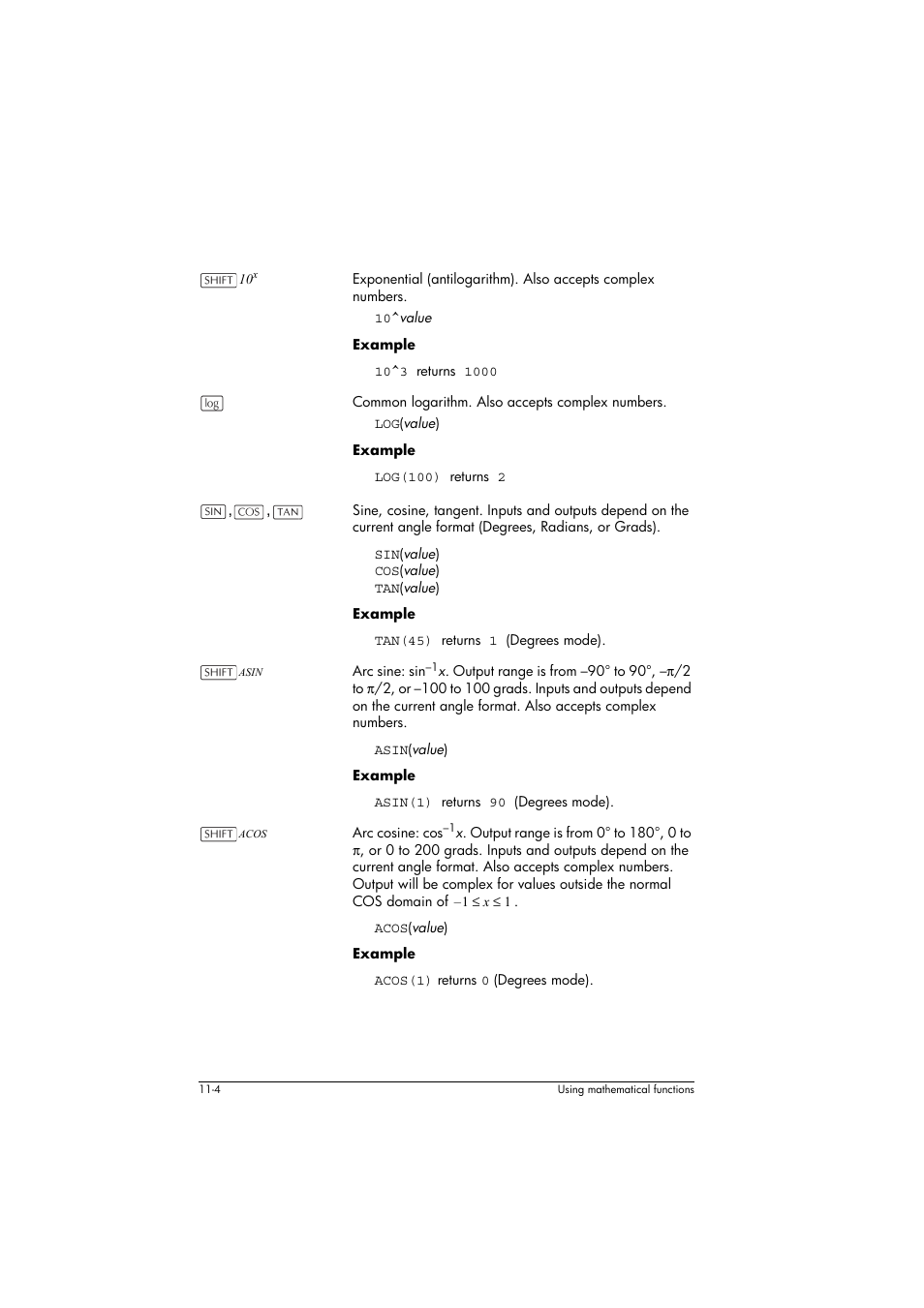 Asin, Acos | HP 39g+ User Manual | Page 148 / 294