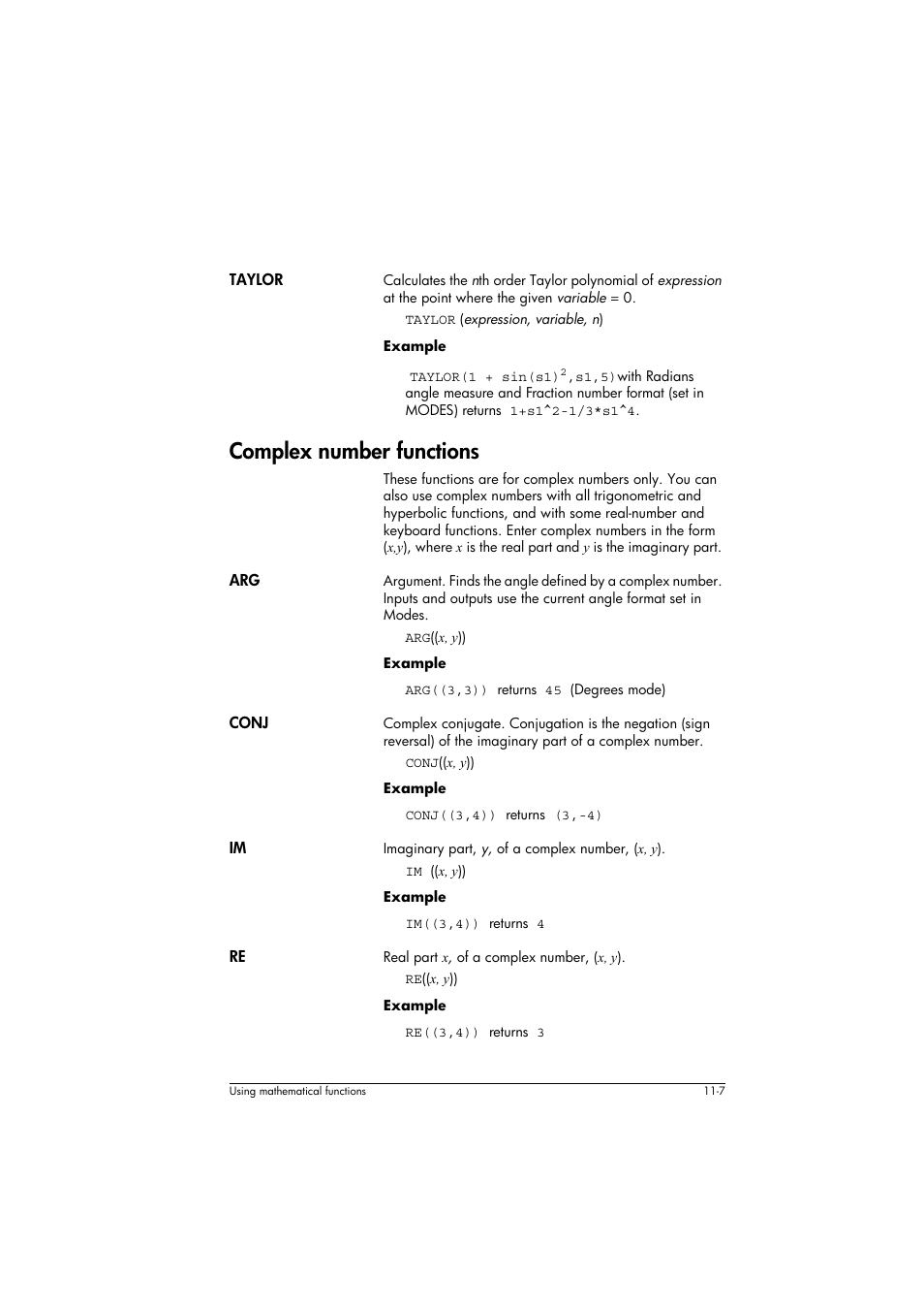 Taylor, Complex number functions, Conj | HP 39g+ User Manual | Page 151 / 294