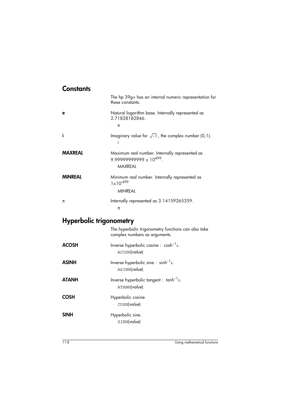 Constants, Maxreal, Minreal | Hyperbolic trigonometry, Acosh, Asinh, Atanh, Cosh, Sinh, Π” on | HP 39g+ User Manual | Page 152 / 294