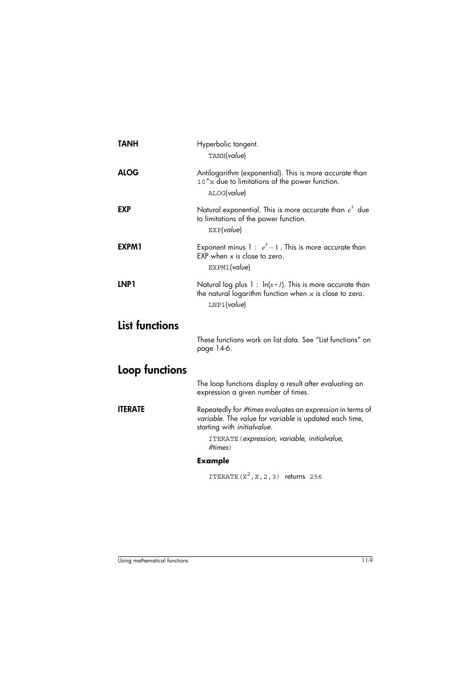Tanh, Alog, Expm1 | Lnp1, List functions, Loop functions, Iterate | HP 39g+ User Manual | Page 153 / 294