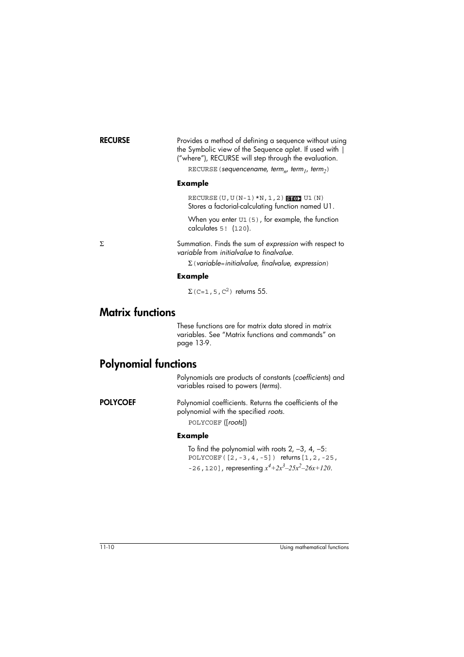 Recurse, Matrix functions, Polynomial functions | Polycoef, Σ” on | HP 39g+ User Manual | Page 154 / 294