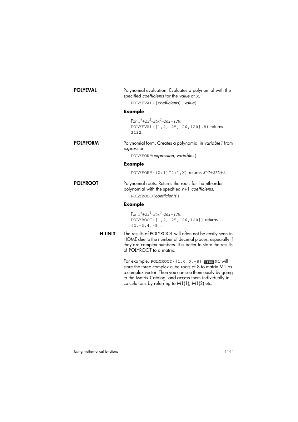 Polyeval, Polyform, Polyroot | Hint | HP 39g+ User Manual | Page 155 / 294