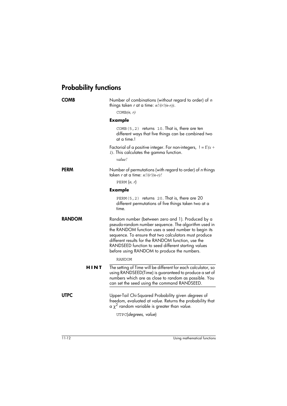 Probability functions, Comb, Perm | Random, Hint, Utpc | HP 39g+ User Manual | Page 156 / 294