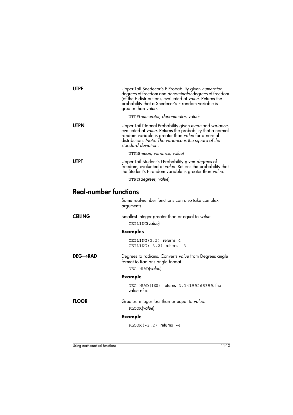 Utpf, Utpn, Utpt | Real-number functions, Ceiling, Degærad, Floor | HP 39g+ User Manual | Page 157 / 294