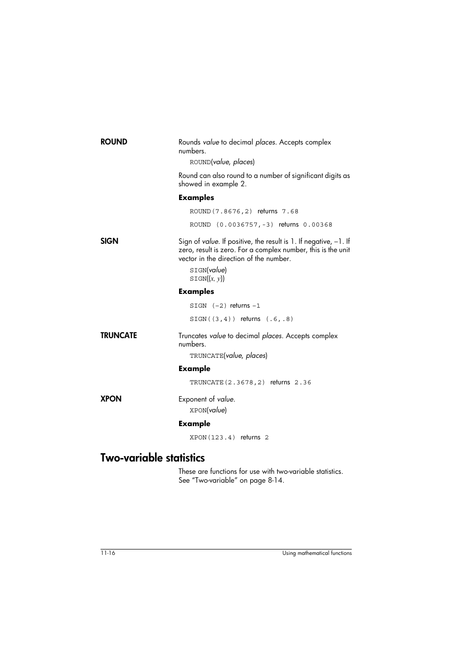Round, Sign, Truncate | Xpon, Two-variable statistics | HP 39g+ User Manual | Page 160 / 294