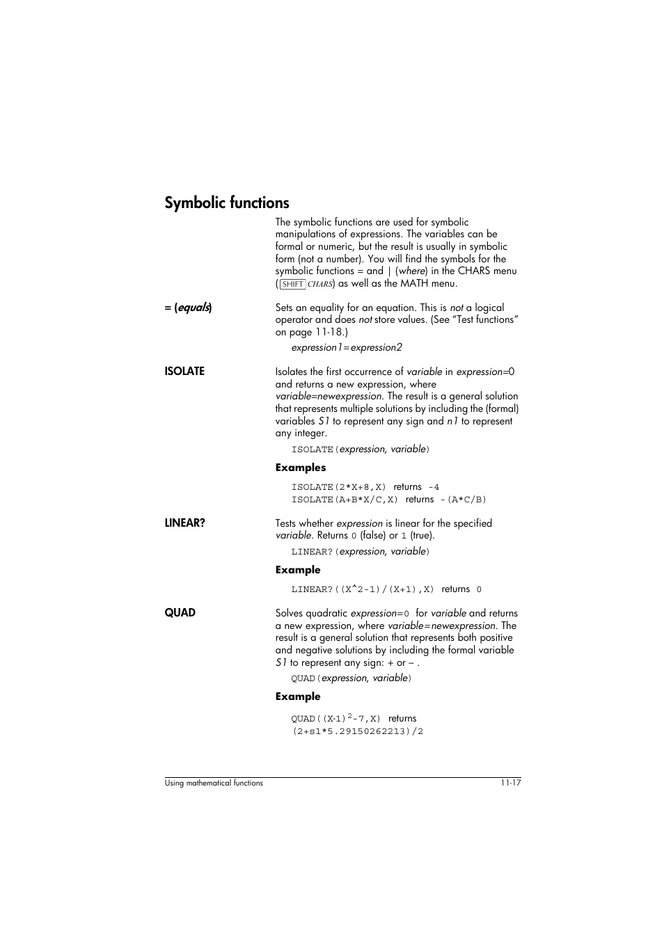 Symbolic functions, Equals), Isolate | Linear, Quad | HP 39g+ User Manual | Page 161 / 294