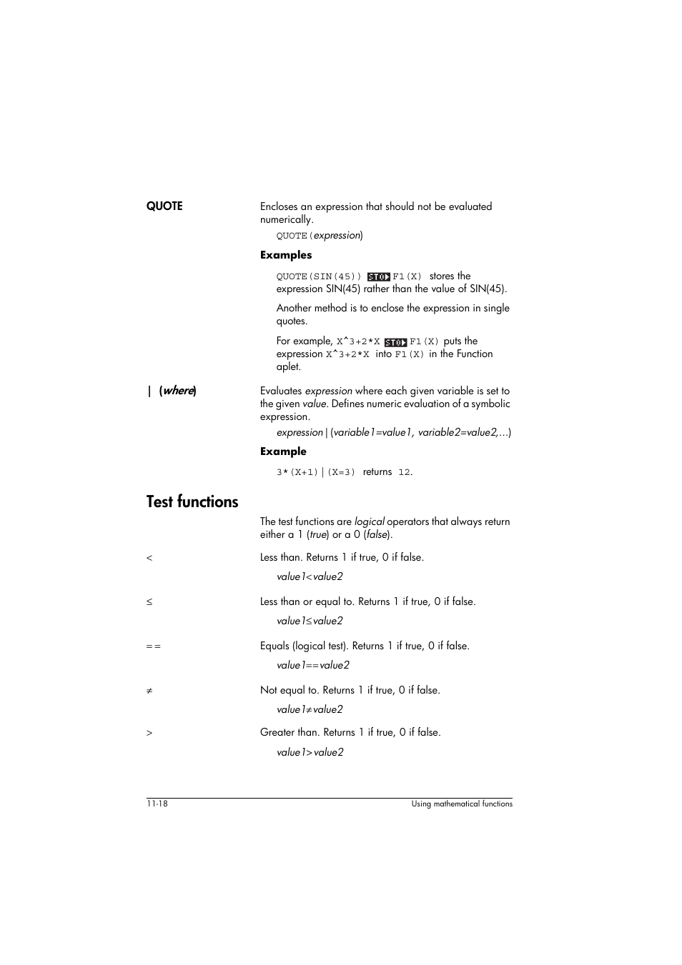 Quote, Where), Test functions | HP 39g+ User Manual | Page 162 / 294