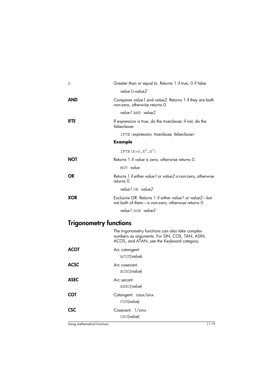 Ifte, Trigonometry functions, Acot | Acsc, Asec | HP 39g+ User Manual | Page 163 / 294