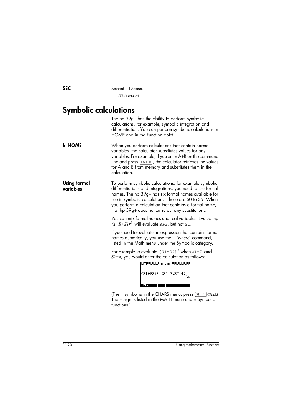 Symbolic calculations, In home, Using formal variables | HP 39g+ User Manual | Page 164 / 294