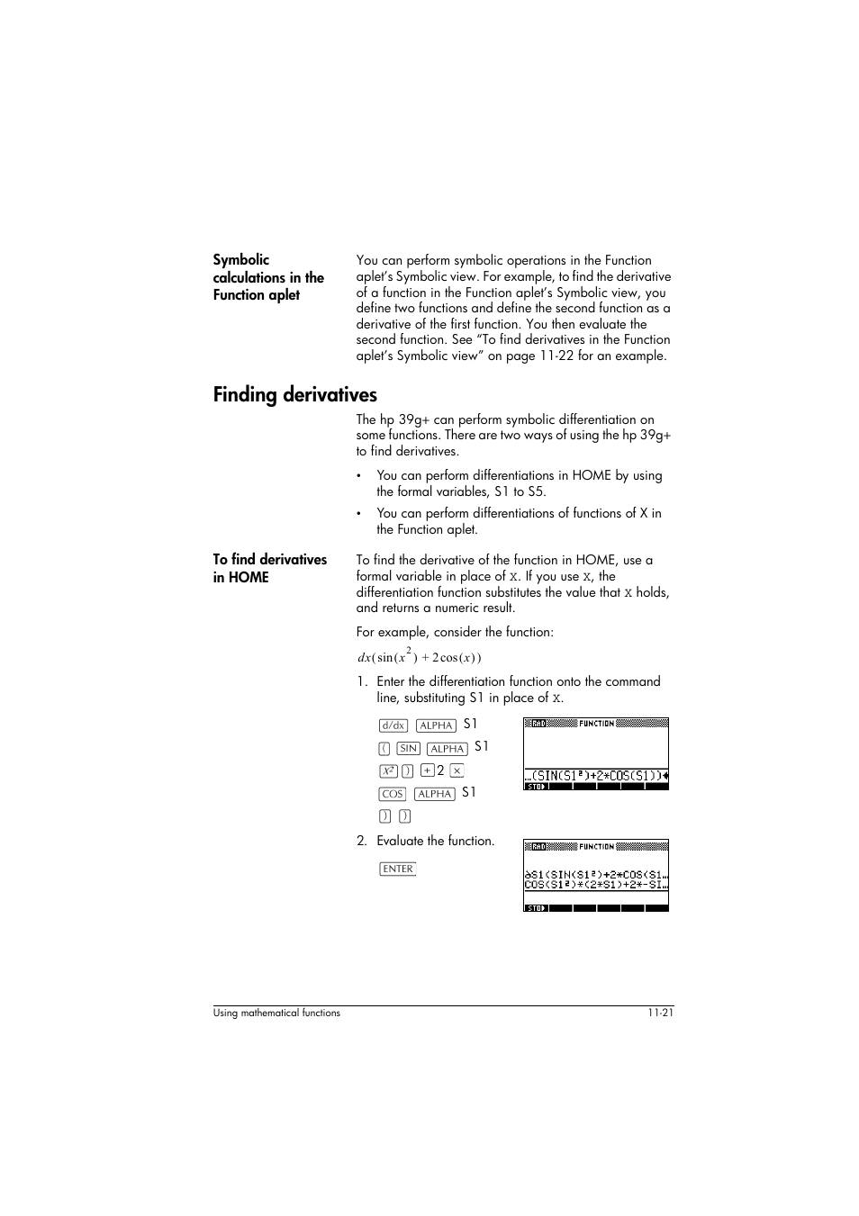 Symbolic calculations in the function aplet, Finding derivatives, To find derivatives in home | HP 39g+ User Manual | Page 165 / 294