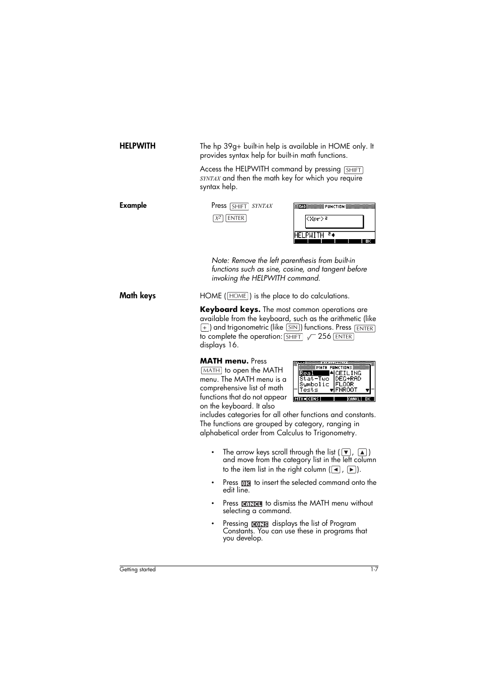 Helpwith, Example, Math keys | HP 39g+ User Manual | Page 17 / 294