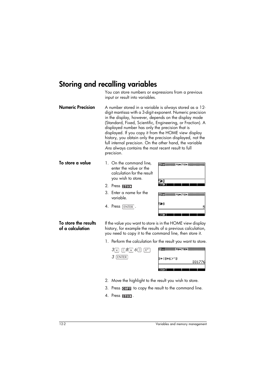 Storing and recalling variables, Numeric precision, To store a value | To store the results of a calculation | HP 39g+ User Manual | Page 170 / 294