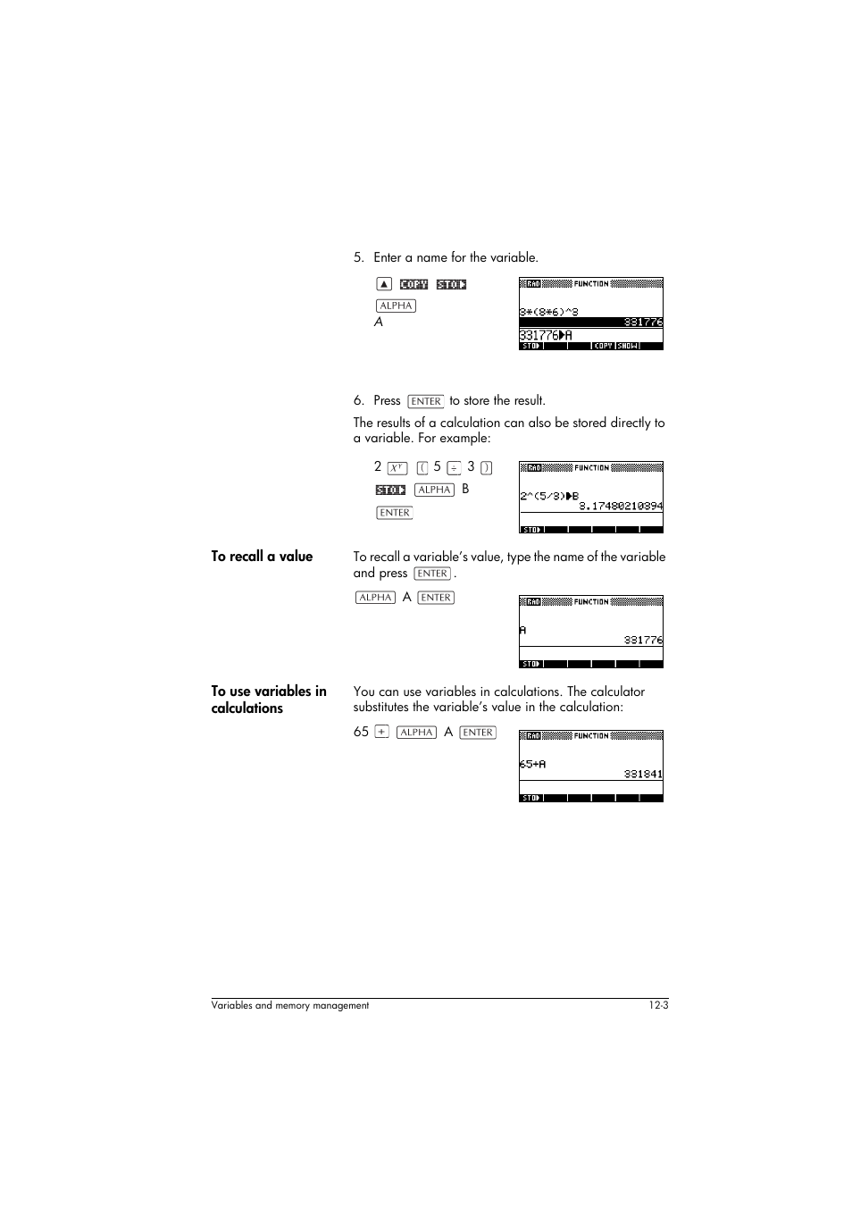 To recall a value, To use variables in calculations | HP 39g+ User Manual | Page 171 / 294