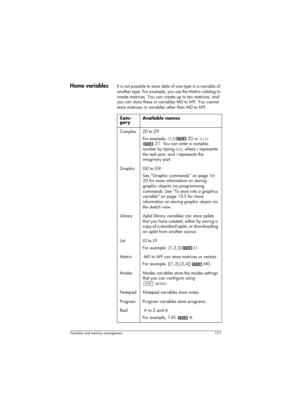 Home variables, Category, Available names | HP 39g+ User Manual | Page 175 / 294