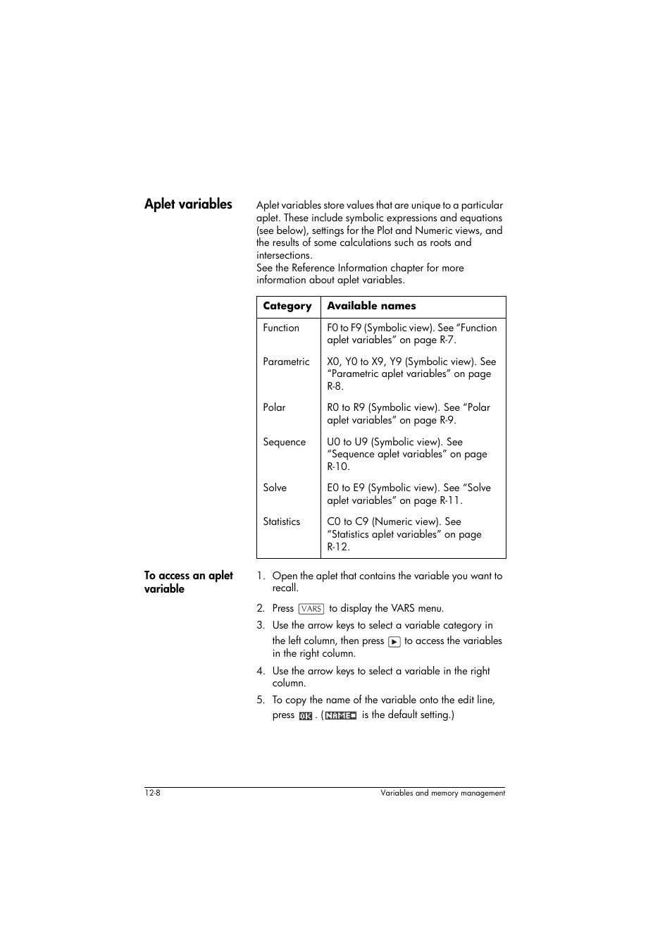 Aplet variables, Category, Available names | To access an aplet variable | HP 39g+ User Manual | Page 176 / 294