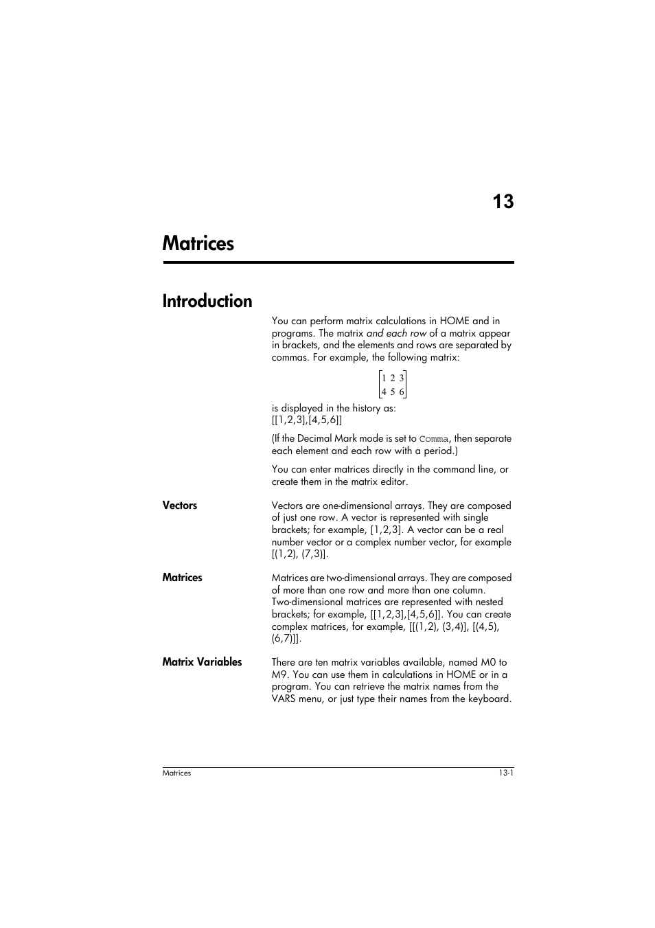 Introduction, Vectors, Matrices | Matrix variables, 13 matrices | HP 39g+ User Manual | Page 179 / 294