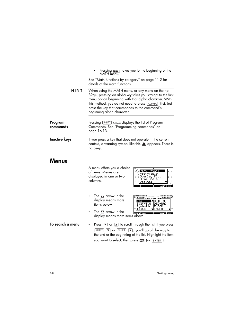 Hint, Program commands, Inactive keys | Menus, To search a menu | HP 39g+ User Manual | Page 18 / 294