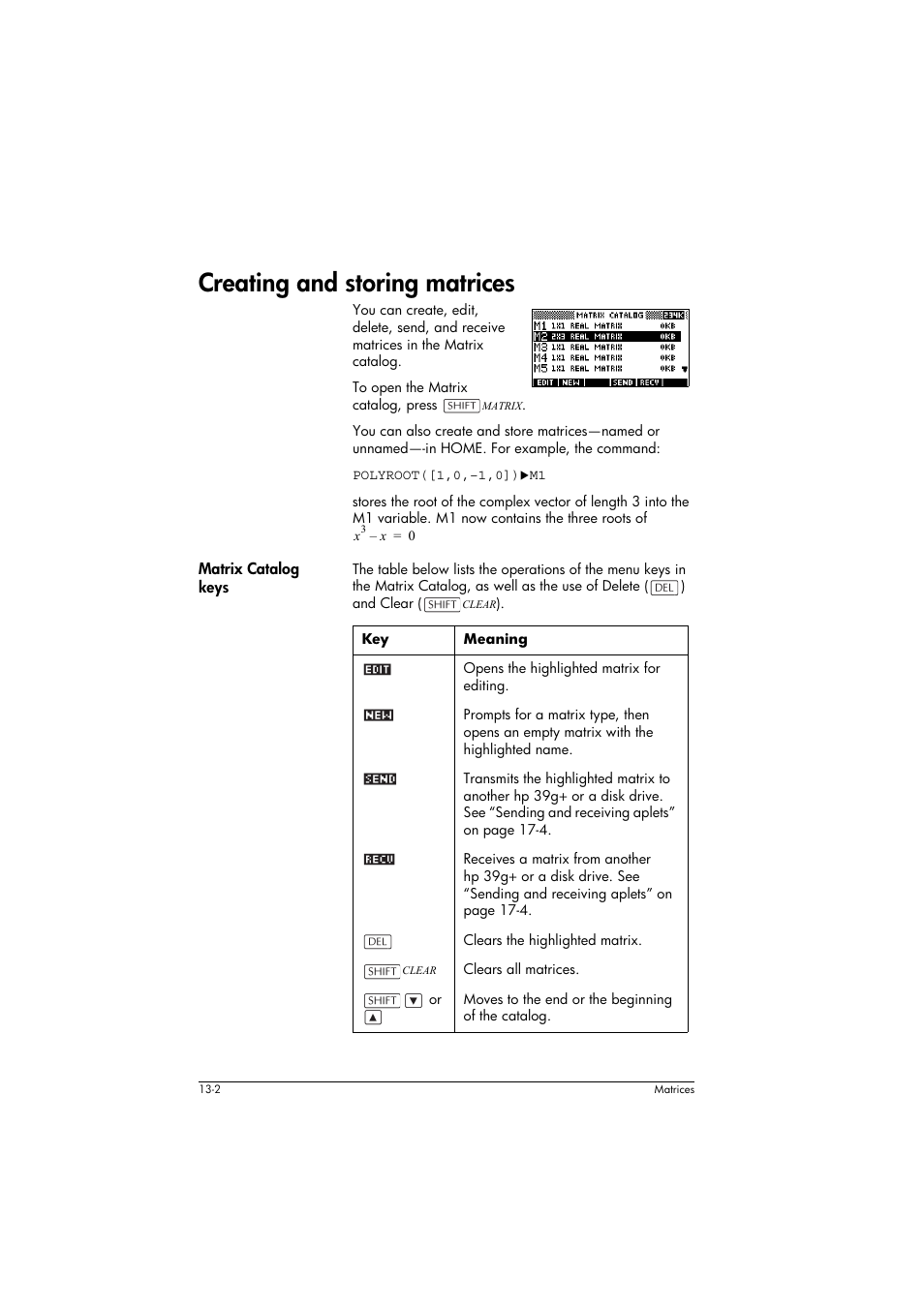 Creating and storing matrices, Matrix catalog keys, Meaning | HP 39g+ User Manual | Page 180 / 294