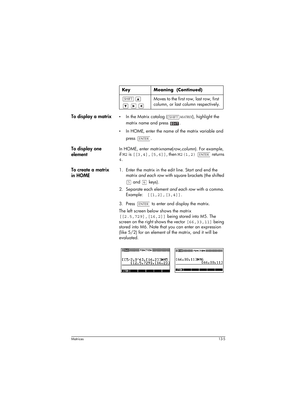 To display a matrix, To display one element, To create a matrix in home | HP 39g+ User Manual | Page 183 / 294