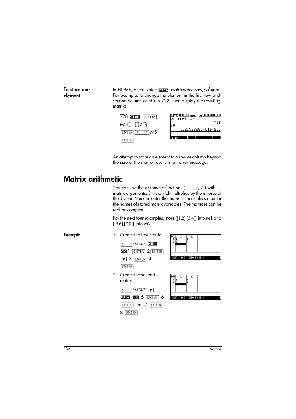 To store one element, Matrix arithmetic, Example | HP 39g+ User Manual | Page 184 / 294