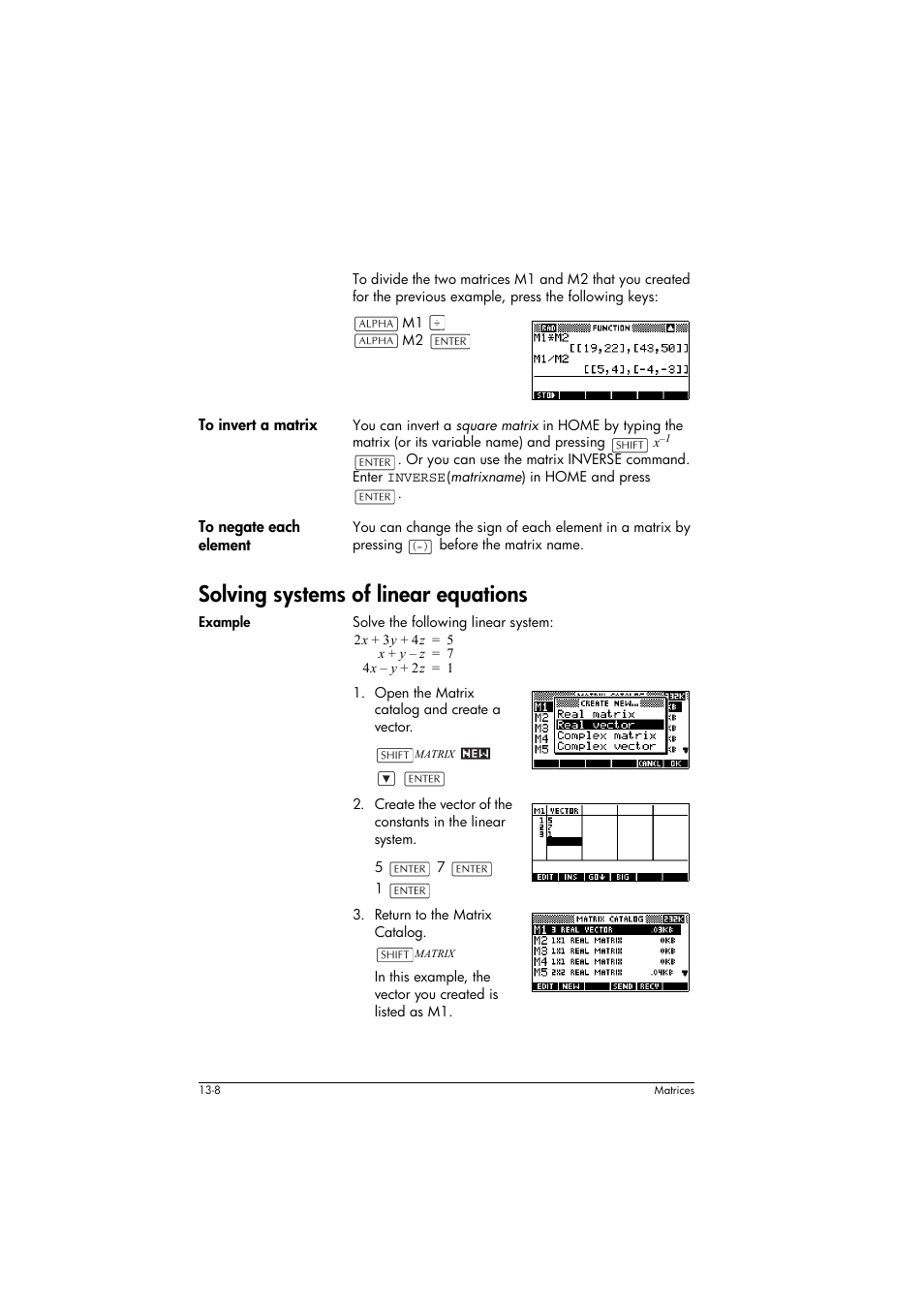 To invert a matrix, To negate each element, Solving systems of linear equations | Example | HP 39g+ User Manual | Page 186 / 294