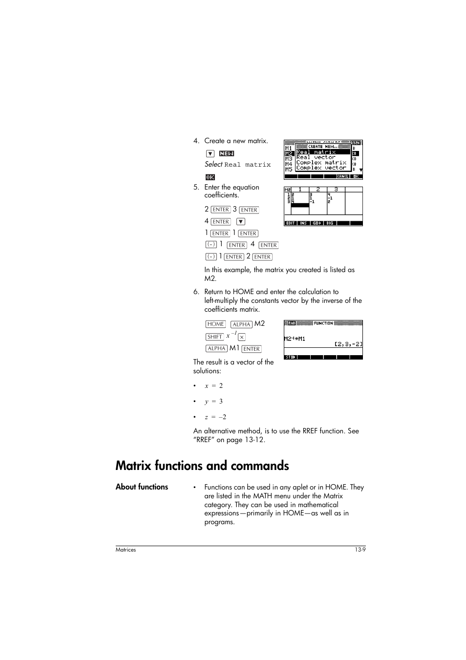 Matrix functions and commands, About functions | HP 39g+ User Manual | Page 187 / 294