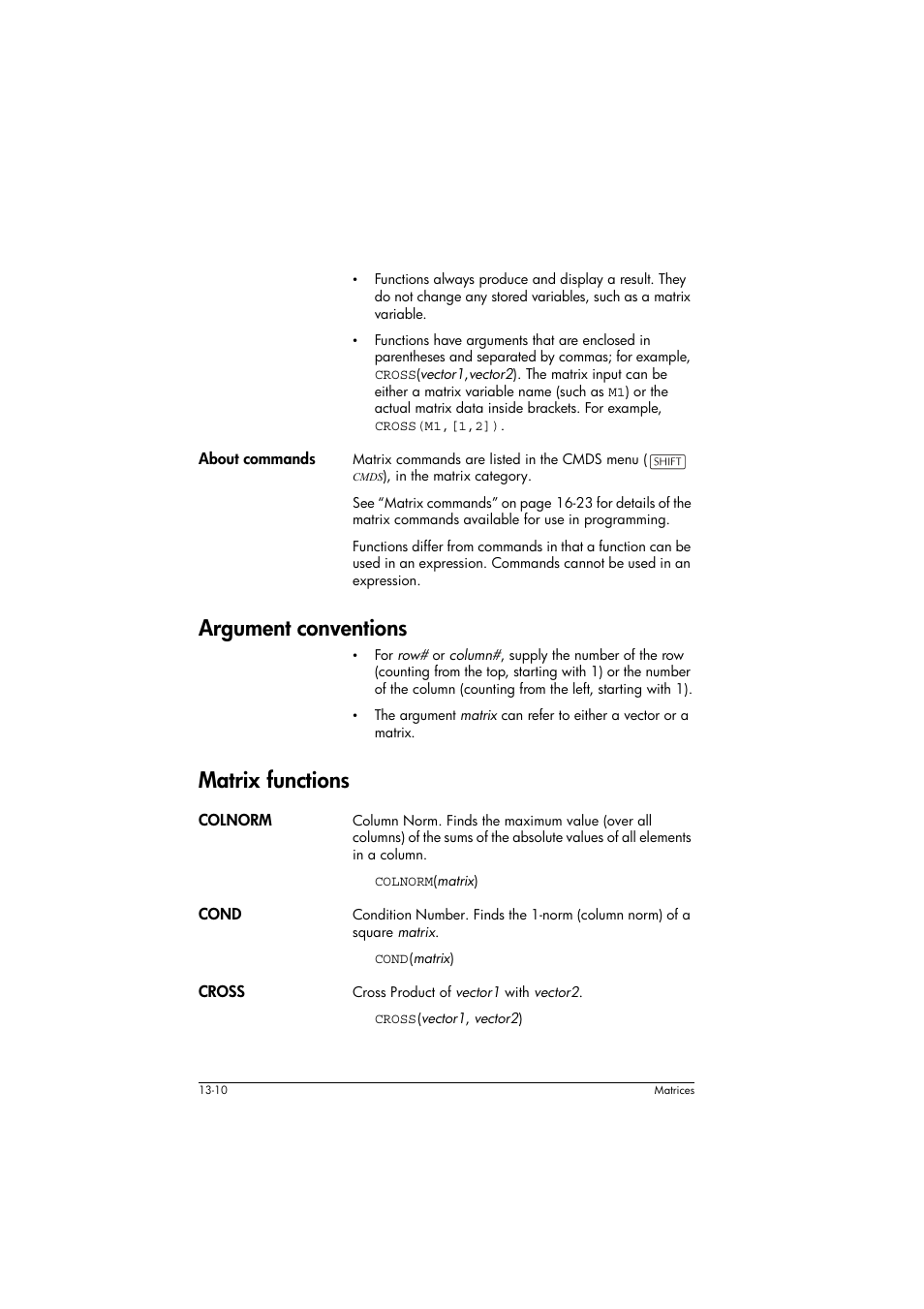 About commands, Argument conventions, Matrix functions | Colnorm, Cond, Cross | HP 39g+ User Manual | Page 188 / 294