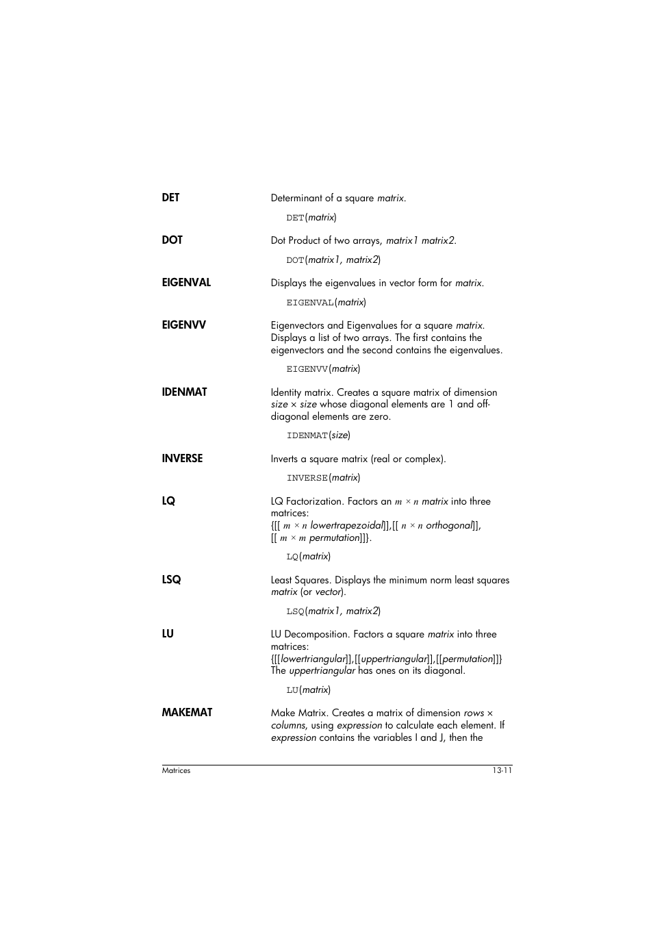 Eigenval, Eigenvv, Idenmat | Inverse, Makemat | HP 39g+ User Manual | Page 189 / 294