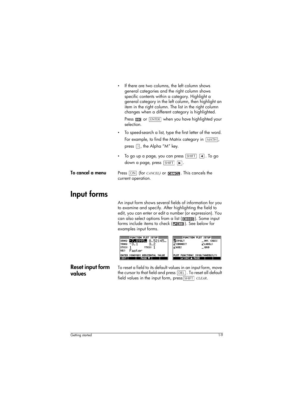 To cancel a menu, Input forms, Reset input form values | HP 39g+ User Manual | Page 19 / 294