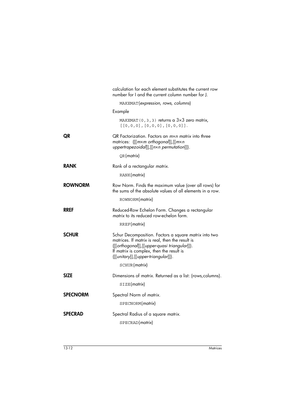 Rank, Rownorm, Rref | Schur, Size, Specnorm, Specrad | HP 39g+ User Manual | Page 190 / 294