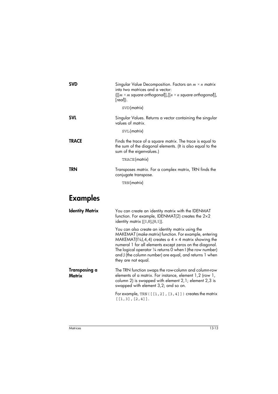 Trace, Examples, Identity matrix | Transposing a matrix | HP 39g+ User Manual | Page 191 / 294