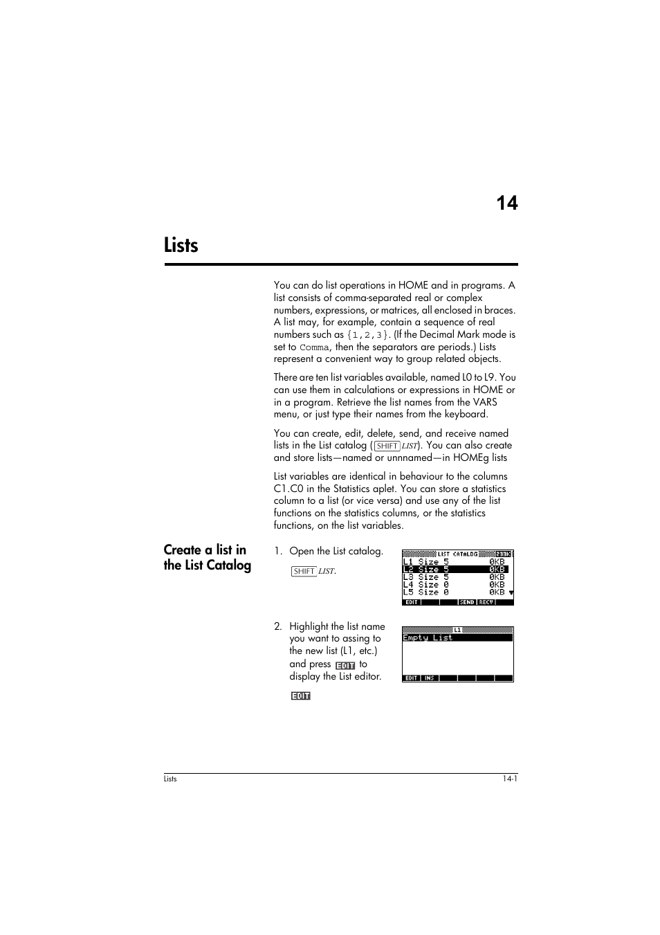 Create a list in the list catalog, 14 lists | HP 39g+ User Manual | Page 193 / 294