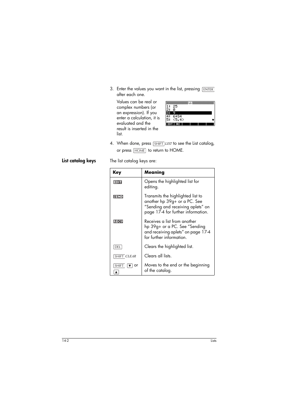 List catalog keys, Meaning | HP 39g+ User Manual | Page 194 / 294