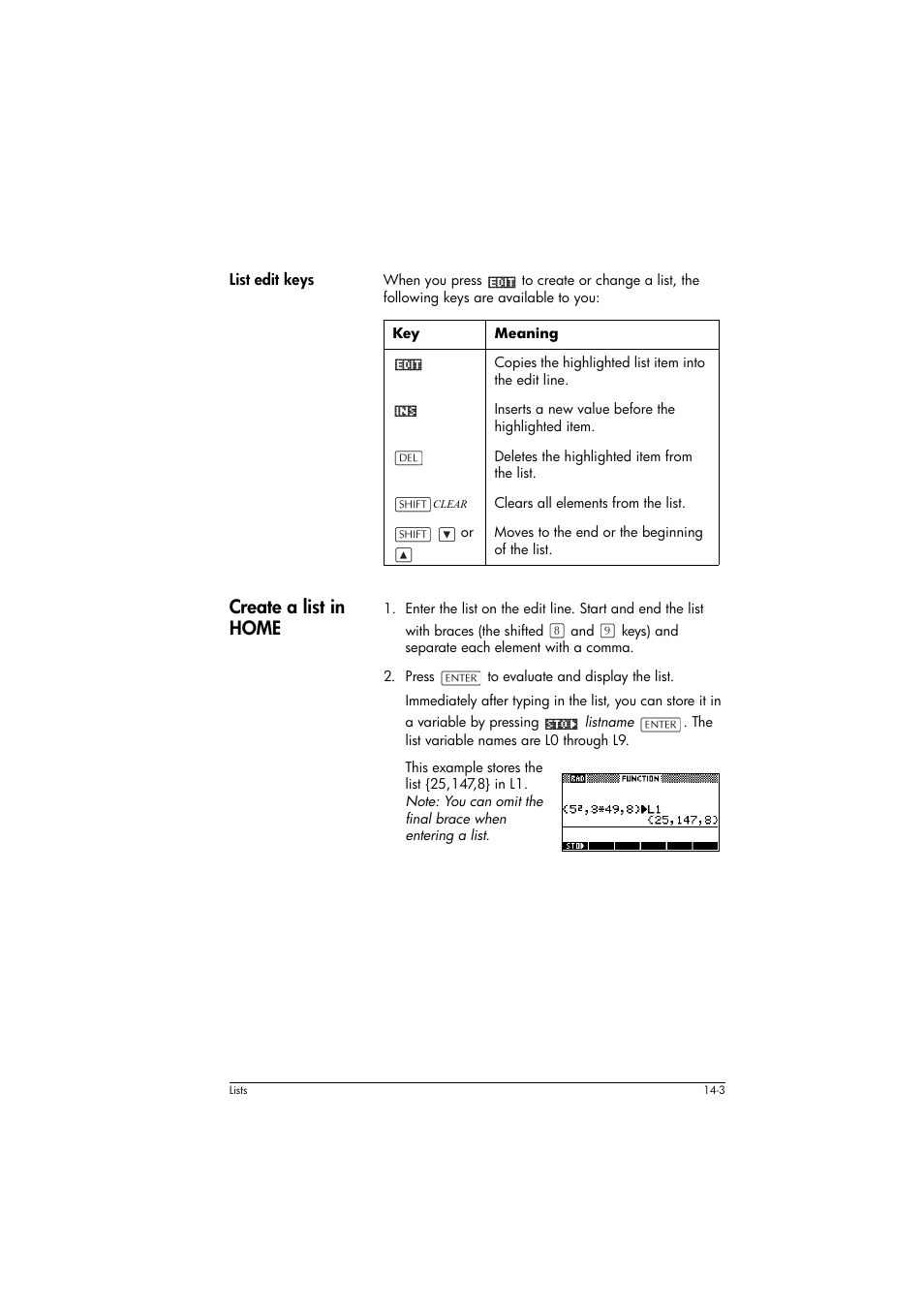 List edit keys, Meaning, Create a list in home | HP 39g+ User Manual | Page 195 / 294