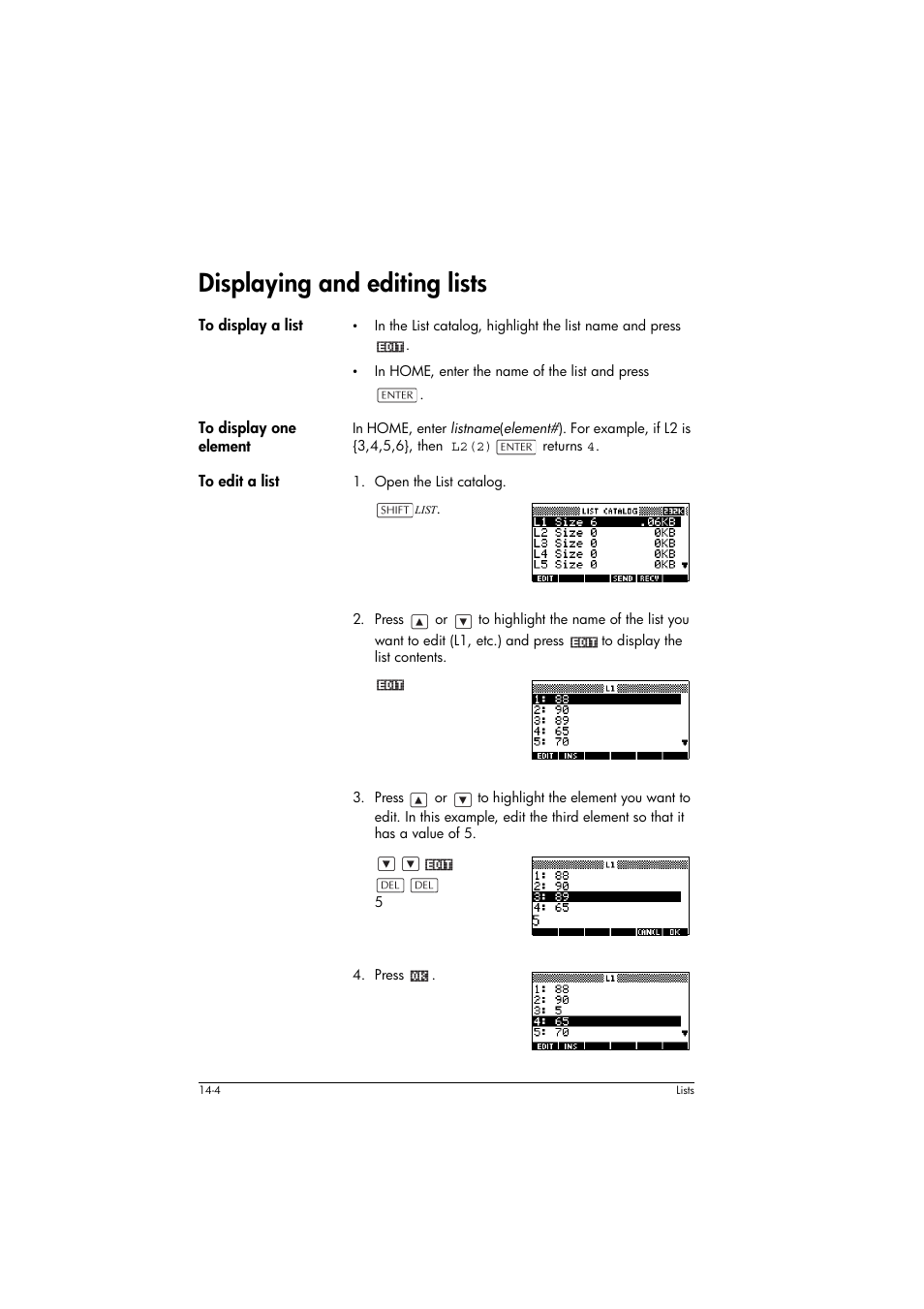 Displaying and editing lists, To display a list, To display one element | To edit a list | HP 39g+ User Manual | Page 196 / 294