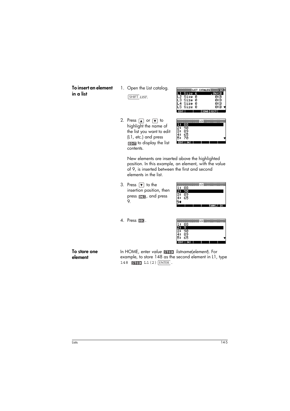 To insert an element in a list, To store one element | HP 39g+ User Manual | Page 197 / 294