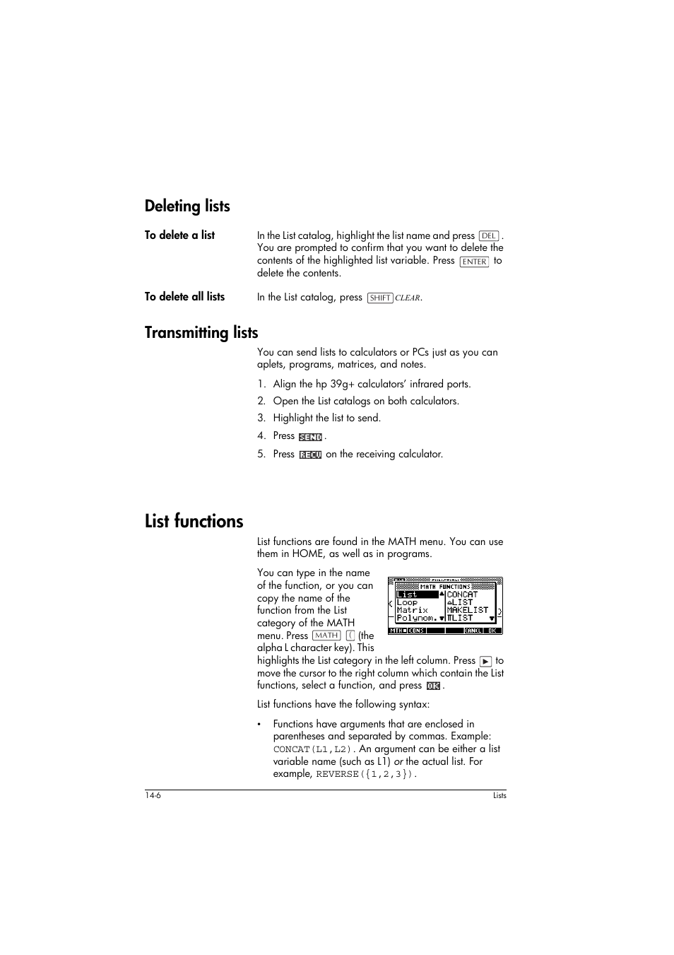 Deleting lists, To delete a list, To delete all lists | Transmitting lists, List functions | HP 39g+ User Manual | Page 198 / 294