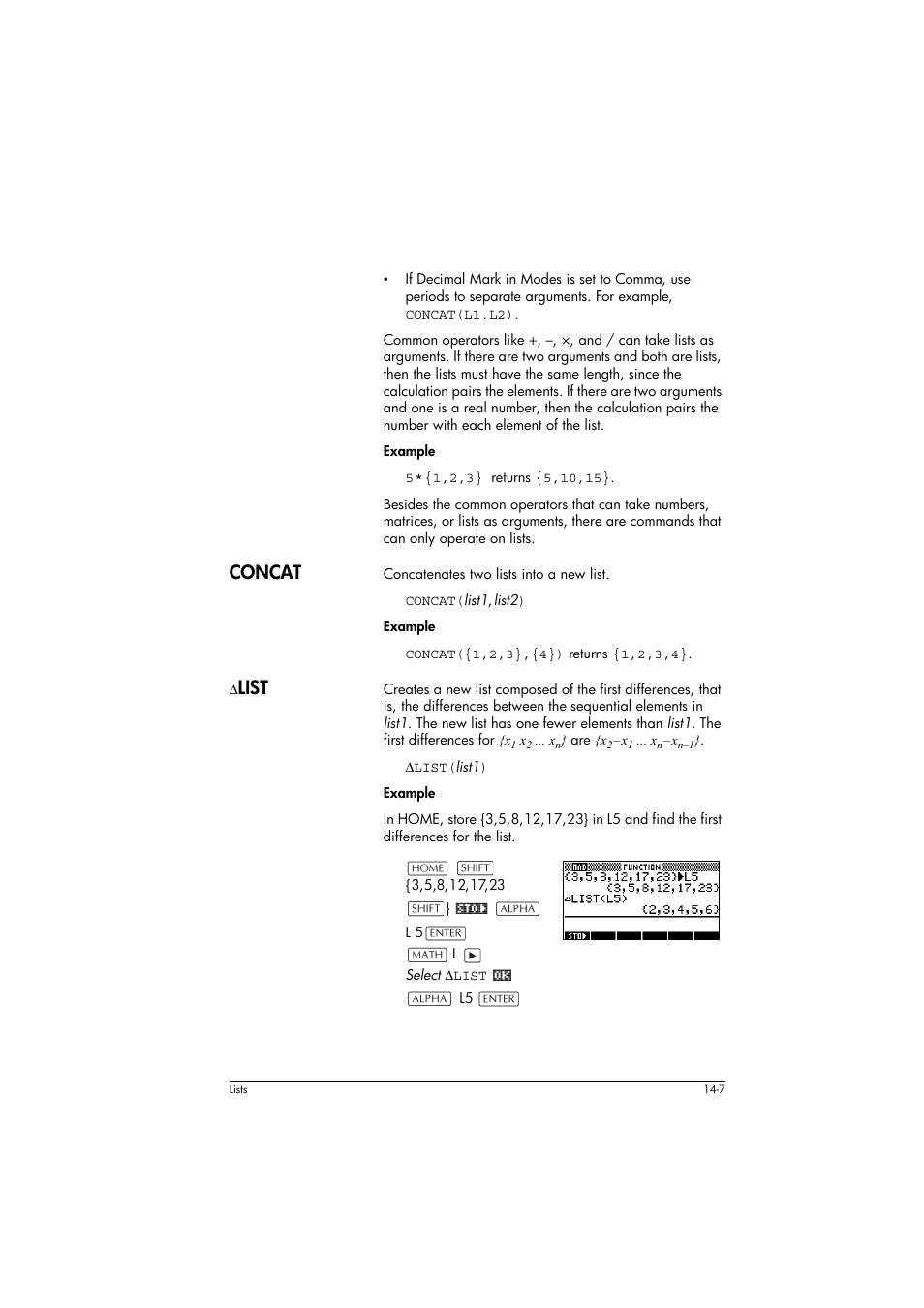 Concat, Dlist, List | HP 39g+ User Manual | Page 199 / 294