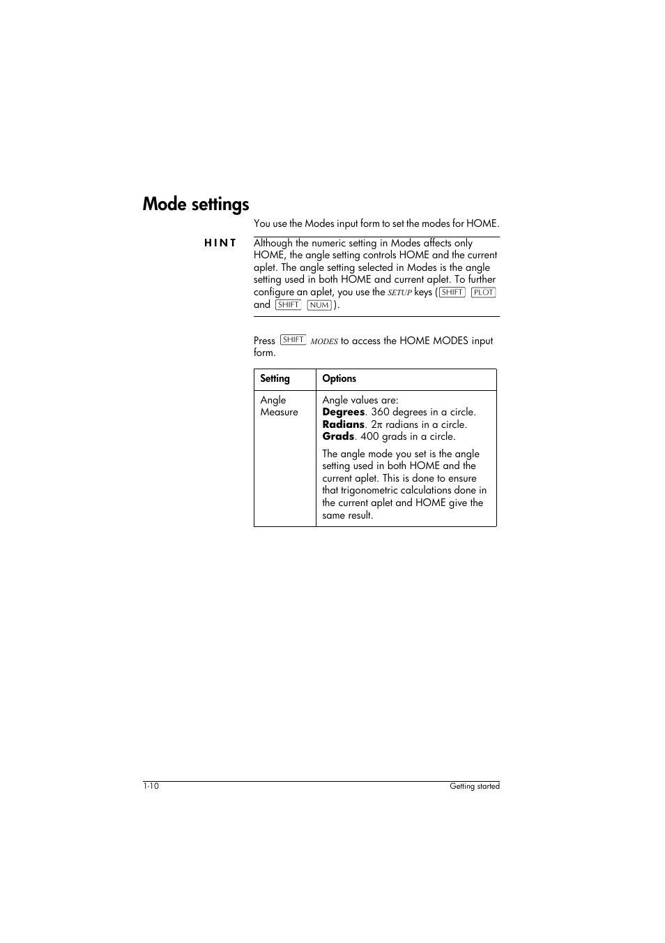 Mode settings, Hint, Setting | Options | HP 39g+ User Manual | Page 20 / 294