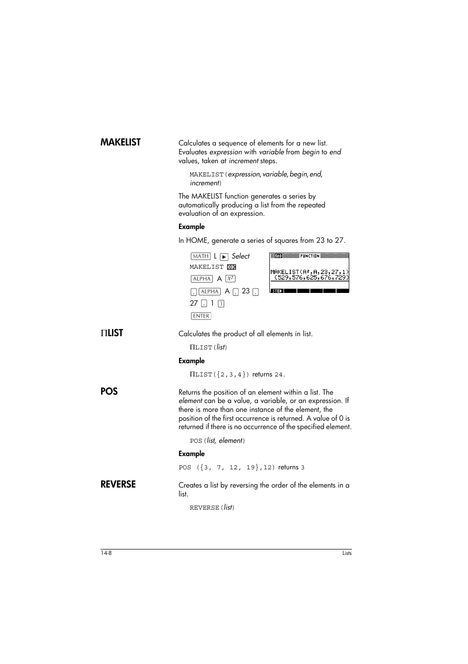 Makelist, Plist, Reverse | Π list | HP 39g+ User Manual | Page 200 / 294